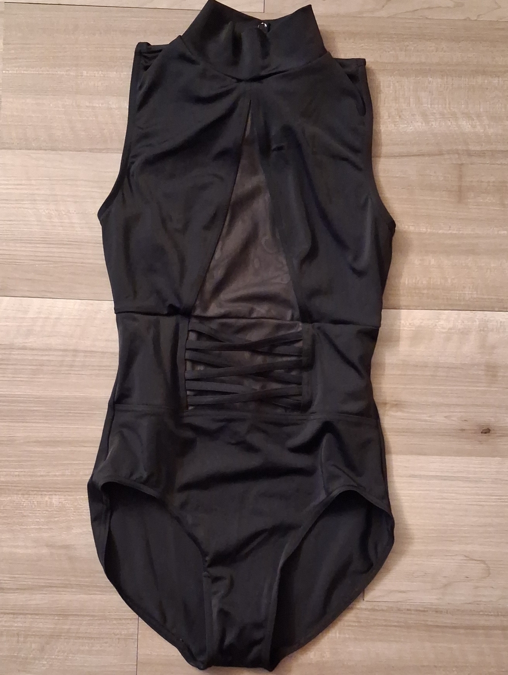 Balera Black Leotard with Front Mesh and Strappy Waist Open Back Size Small (L)